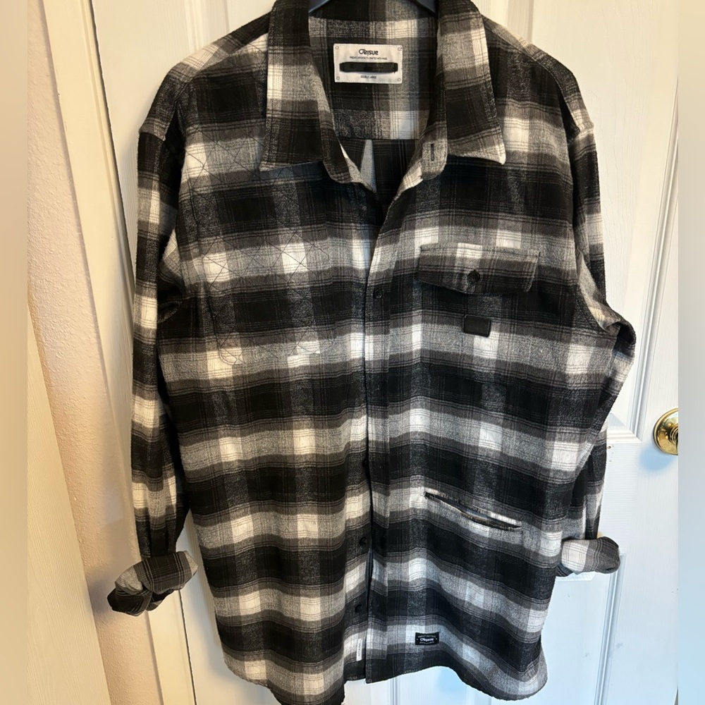 Orisue Black Grey White Plaid Harmonic Long Sleeve Woven Flannel Shirt, XL